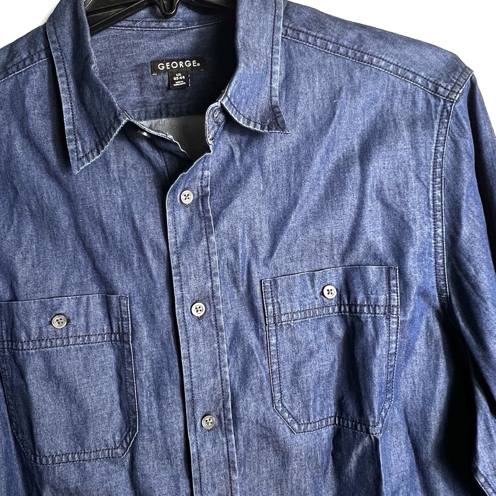 George Denim Button Up Shirt Men's Large 42-44 100% Cotton Long Sleeve Excellent